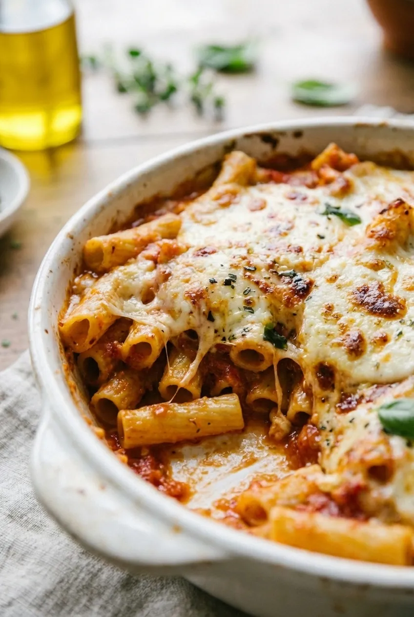 A ceramic baking dish of vegetarian baked ziti with a golden-brown melted cheese crust, garnished with fresh basil.
