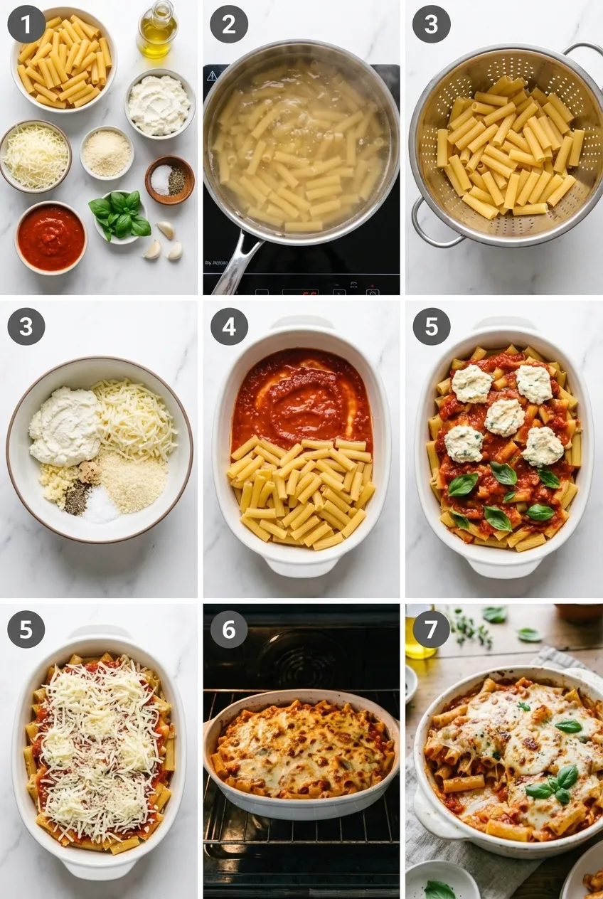 A ceramic baking dish of vegetarian baked ziti with a golden-brown melted cheese crust, garnished with fresh basil.