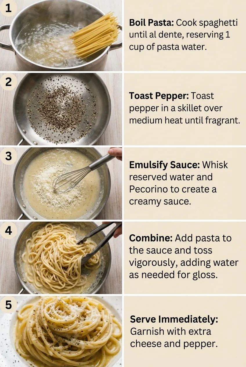 A white bowl of Cacio e Pepe spaghetti with a creamy Pecorino Romano sauce and freshly cracked black pepper.