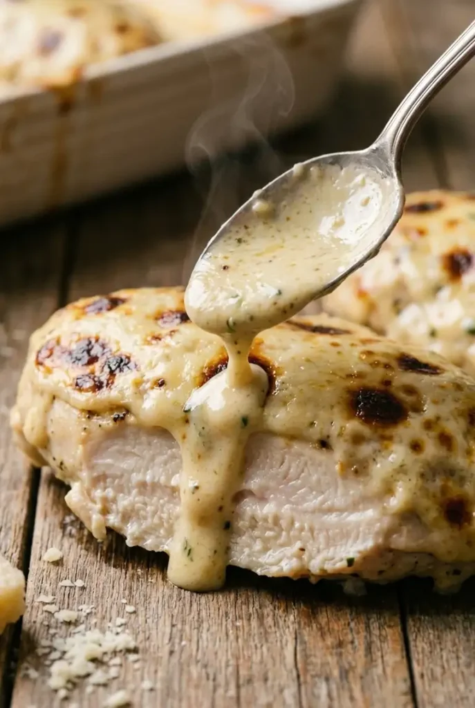 Close-up of a spoon lifting creamy Caesar Parmesan sauce from baked chicken, showing juicy sliced meat and browned cheese spots.