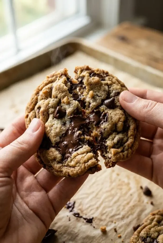 Close-up of a thick chocolate chip cookie being broken open, revealing a chewy center with gooey melted dark chocolate and crumbs.