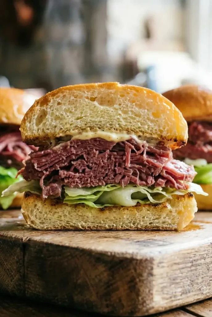 A detailed close-up of a corned beef slider cut in half, revealing layers of shredded meat, sauce, crisp cabbage, and a toasted bun.