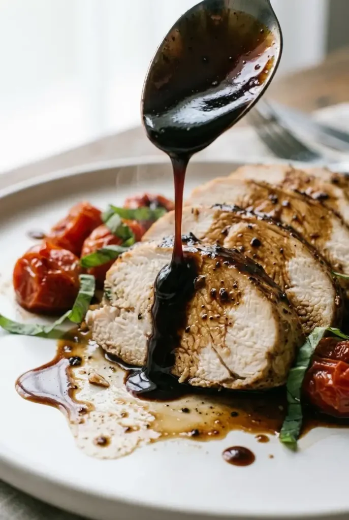 Close-up of a spoon pouring thick balsamic glaze over juicy sliced slow cooker chicken with a wrinkled cherry tomato in the background.