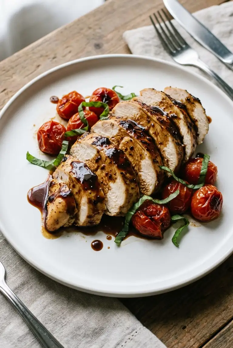 Sliced crockpot balsamic chicken breasts glazed in a shiny sweet-tangy sauce with wrinkled cherry tomatoes and fresh basil on a white plate.