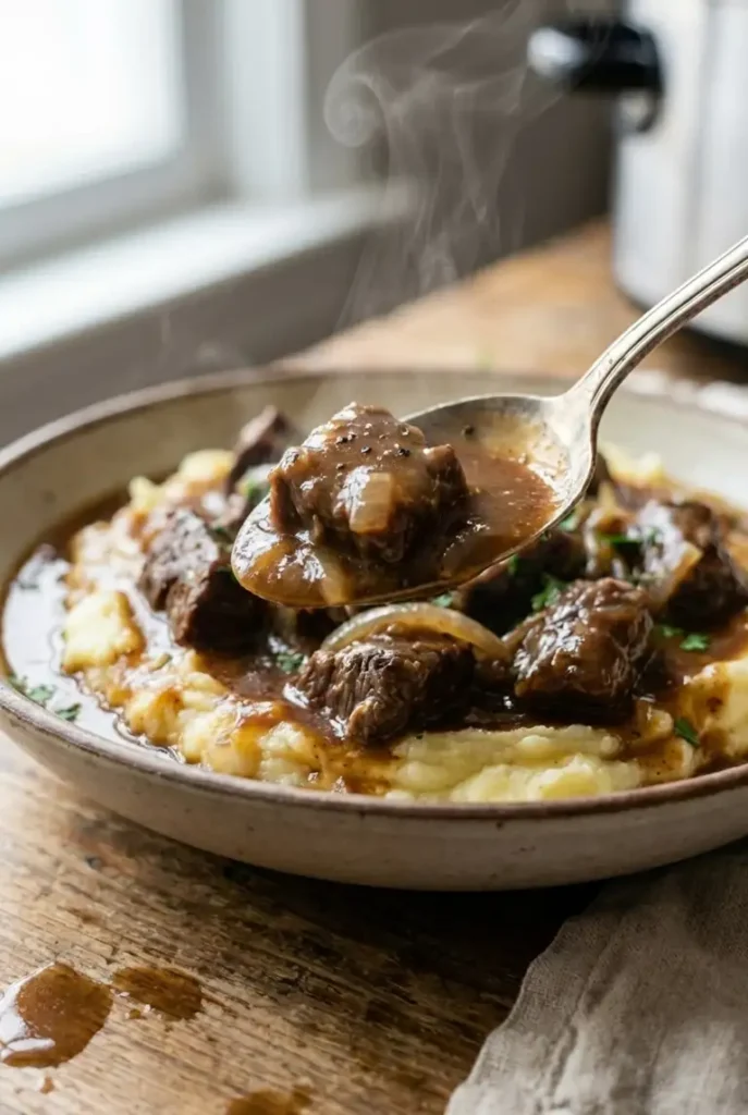Close-up of a spoon lifting tender beef tips with smooth glossy gravy, steam rising and onions visible in the rich brown sauce.