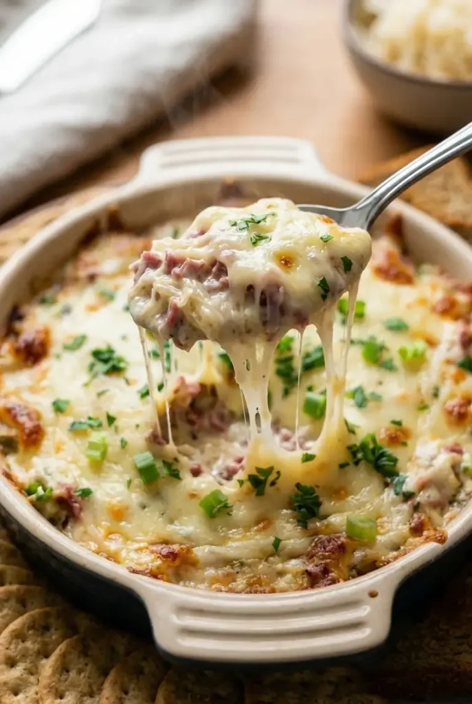 Close-up of a spoonful of hot Reuben dip being lifted, with stretchy Swiss cheese, corned beef pieces, and sauerkraut in the creamy base.