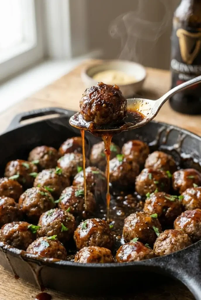 Close-up of a fork lifting a meatball as the sticky Guinness glaze drips back into the skillet, showing a juicy center and browned crust.