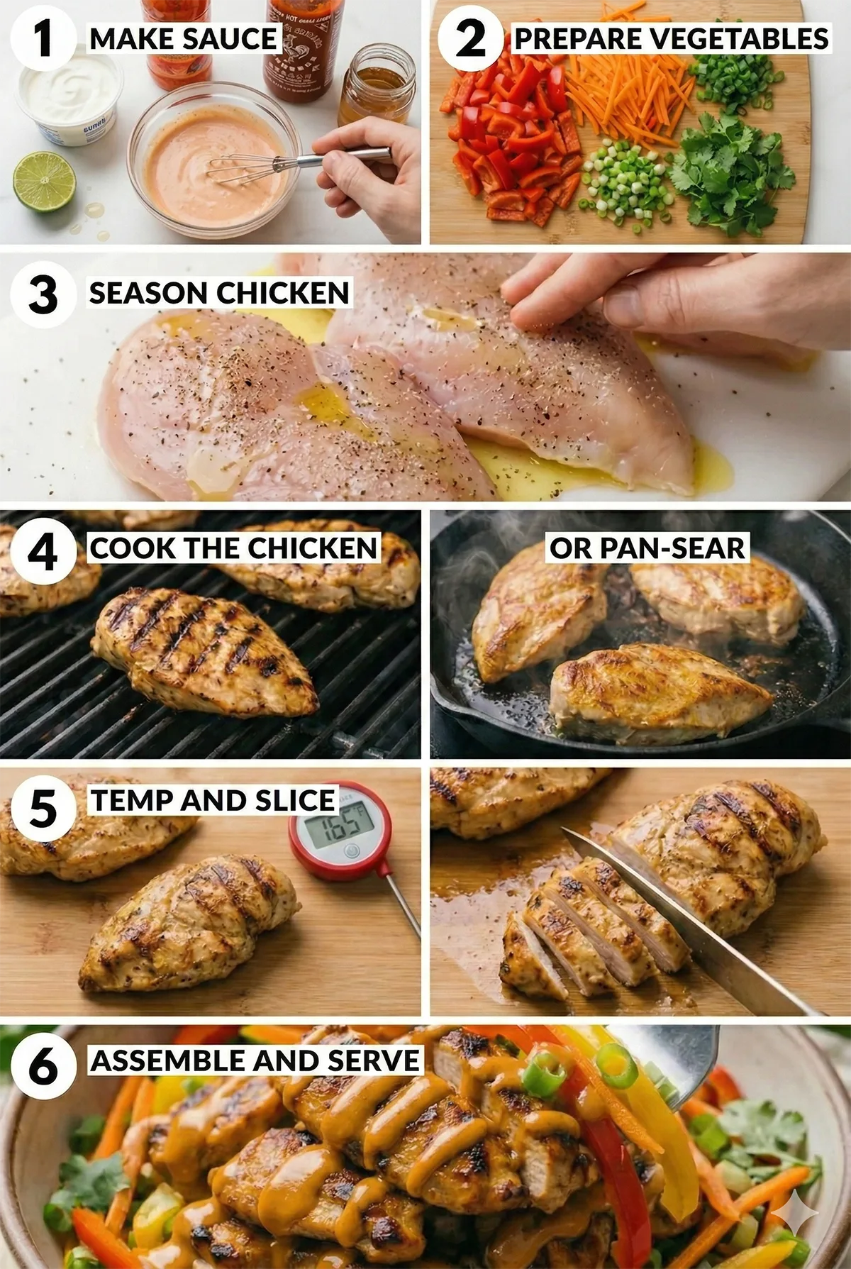 A healthy bang bang chicken bowl with grilled chicken slices, shredded carrots, and red bell peppers, drizzled with creamy sauce.