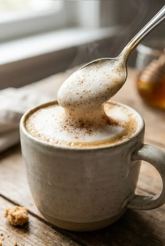 Close-up of a spoon lifting silky foam from a honey cinnamon latte, showing tiny bubbles, cinnamon flecks, and rising steam.