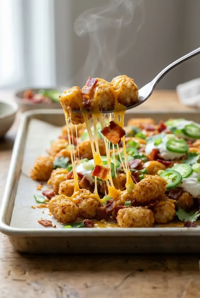 Close-up of a fork lifting totchos with stretchy melted cheddar, crispy bacon, and steam rising from deep golden tater tots.