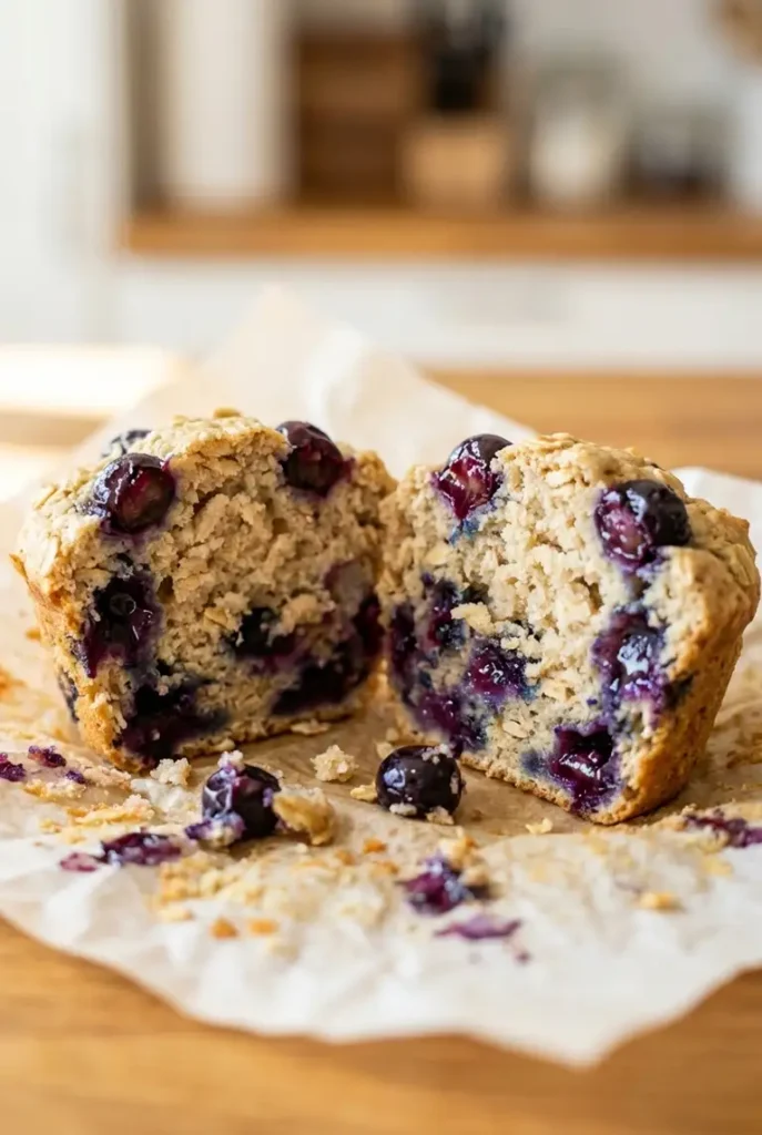 Close-up of a split protein blueberry muffin showing fluffy oat crumb and jammy blueberry pockets with a few moist crumbs on parchment.