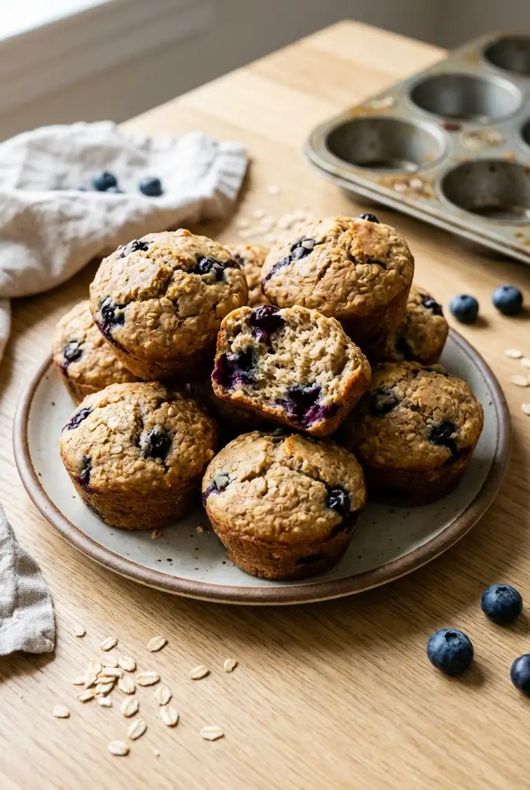 Stack of moist protein blueberry muffins on a plate, domed tops and juicy berries, bright kitchen light on a wooden table.