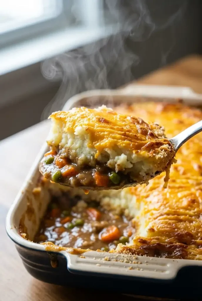 Close-up of a spoon lifting a steaming scoop of shepherd’s pie, showing thick lamb gravy, peas, carrots, and cheesy mashed potatoes.