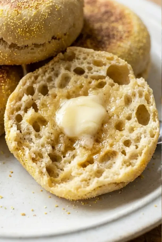 Close-up of a fork-split English muffin half with melted butter soaking into the toasted nooks and a cornmeal-dusted crust.