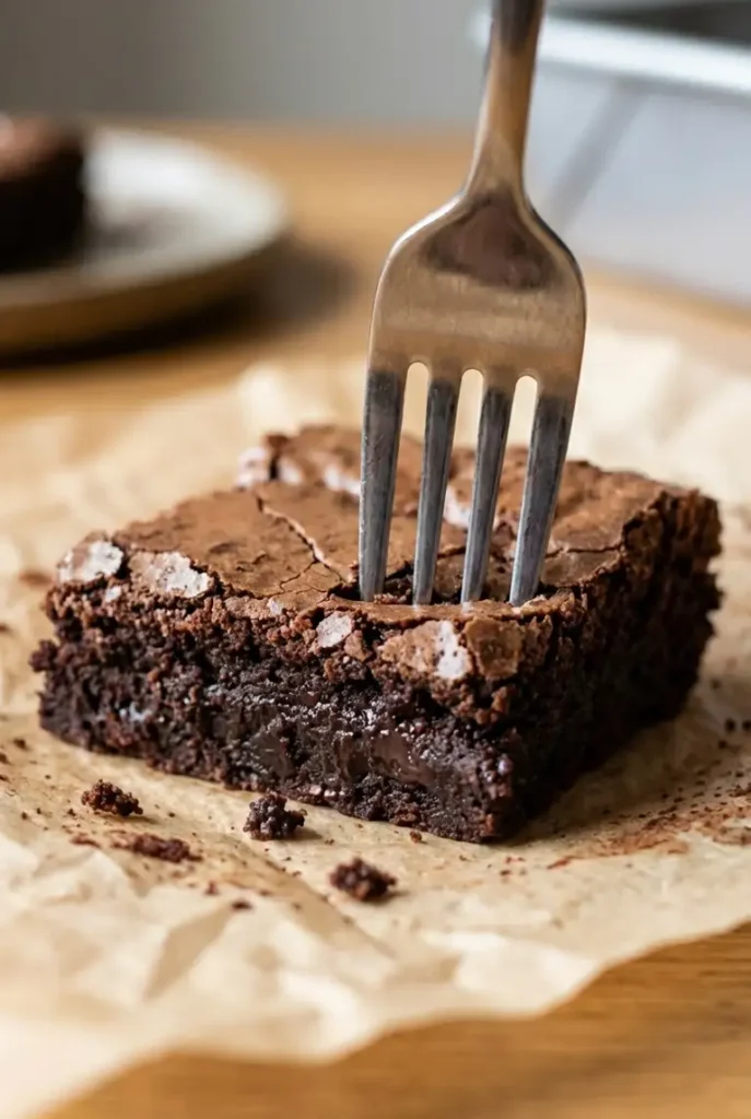 Close-up of a fork cutting into a brownie, revealing a dense fudgy center with moist crumbs and a thin crackly crust.