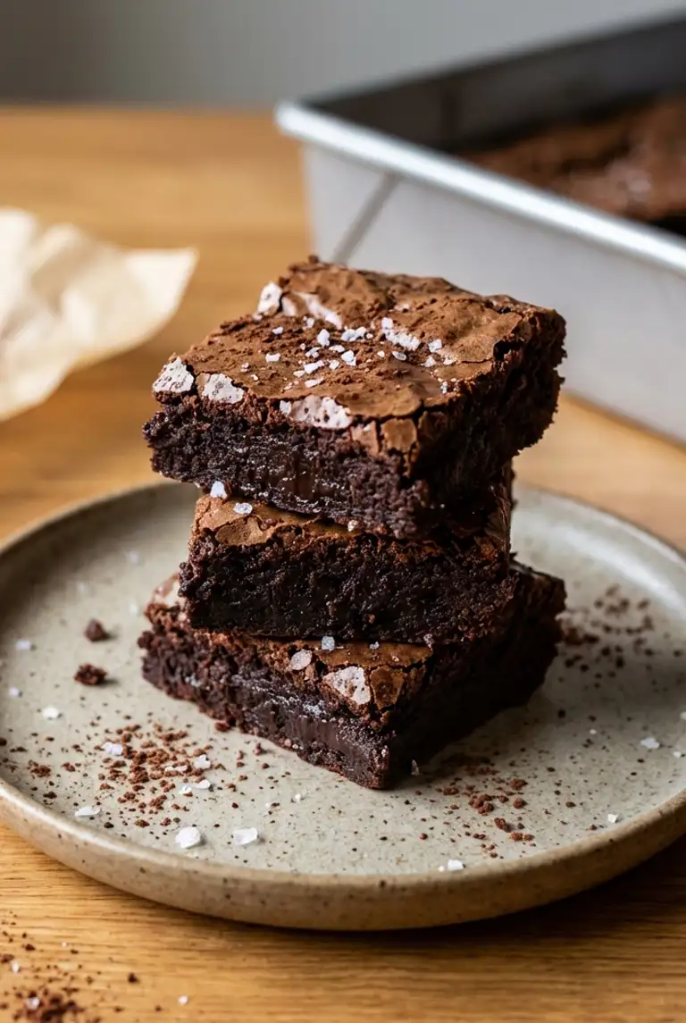 Stack of sourdough discard brownies on a plate, showing a crackly top, dark cocoa color, and a few crumbs on the table.