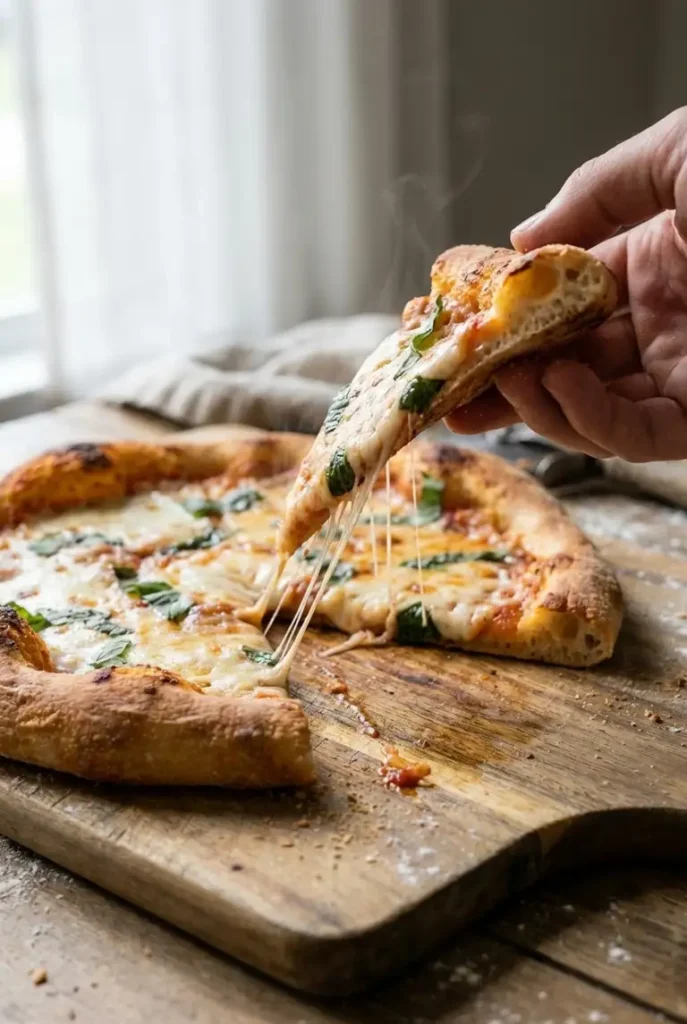 Close-up of a pizza slice being lifted, showing stretchy mozzarella, thin sourdough discard crust, and a browned, crisp underside.