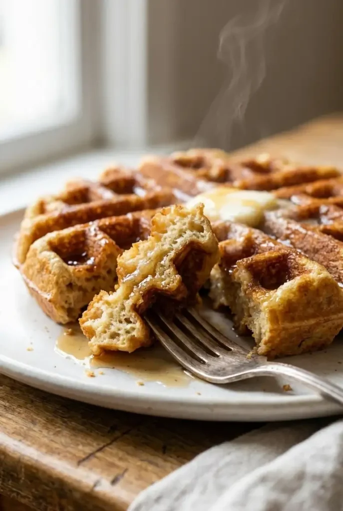 Close-up of a fork cutting into a sourdough discard waffle, showing a fluffy interior with steam and syrup pooling in the pockets.