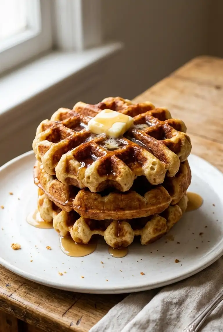 Stack of sourdough discard waffles with melted butter and maple syrup on a white plate, crisp golden ridges and fluffy centers.