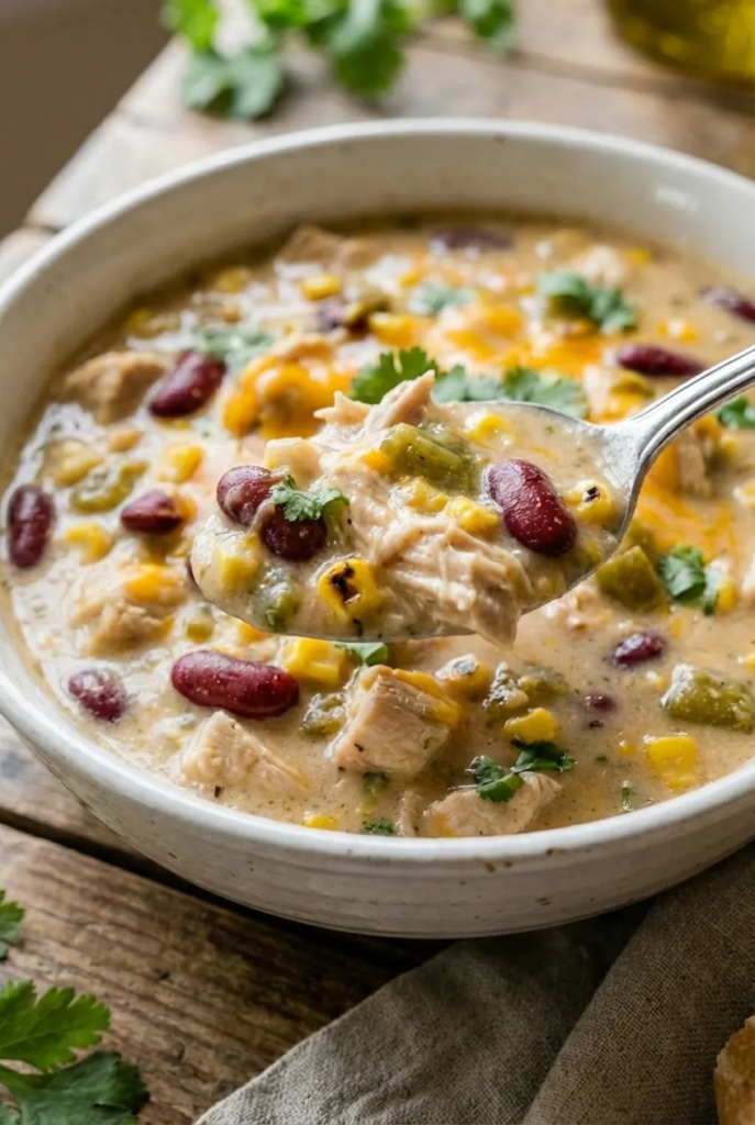 A close-up of a spoon lifting a scoop of thick, creamy white chicken chili, showing the texture of the shredded chicken, beans, and rich broth.