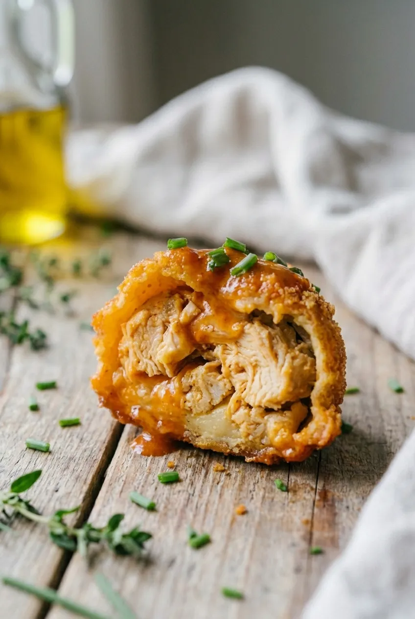 A close-up of a single Buffalo chicken bomb cut in half, showing the cheesy and spicy chicken filling inside.