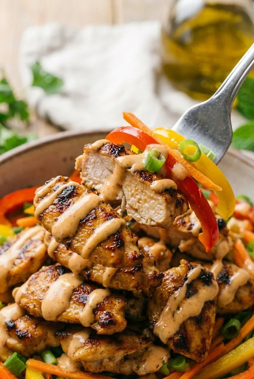 A healthy bang bang chicken bowl with grilled chicken slices, shredded carrots, and red bell peppers, drizzled with creamy sauce.