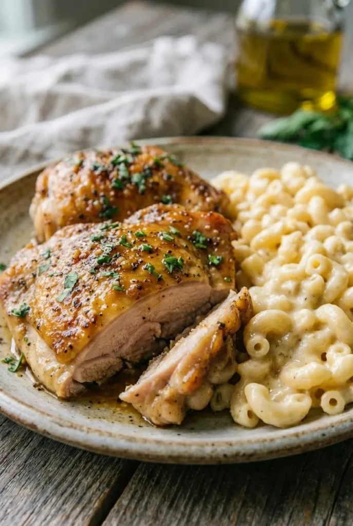 A baking dish with honey garlic chicken breasts next to creamy macaroni and cheese, garnished with fresh parsley.