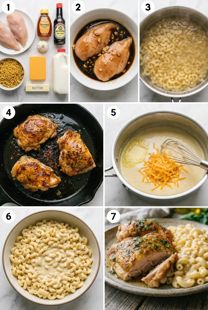 A baking dish with honey garlic chicken breasts next to creamy macaroni and cheese, garnished with fresh parsley.