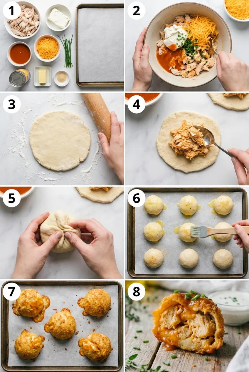 Golden brown Buffalo chicken bombs arranged on a parchment-lined baking sheet, ready to be served.