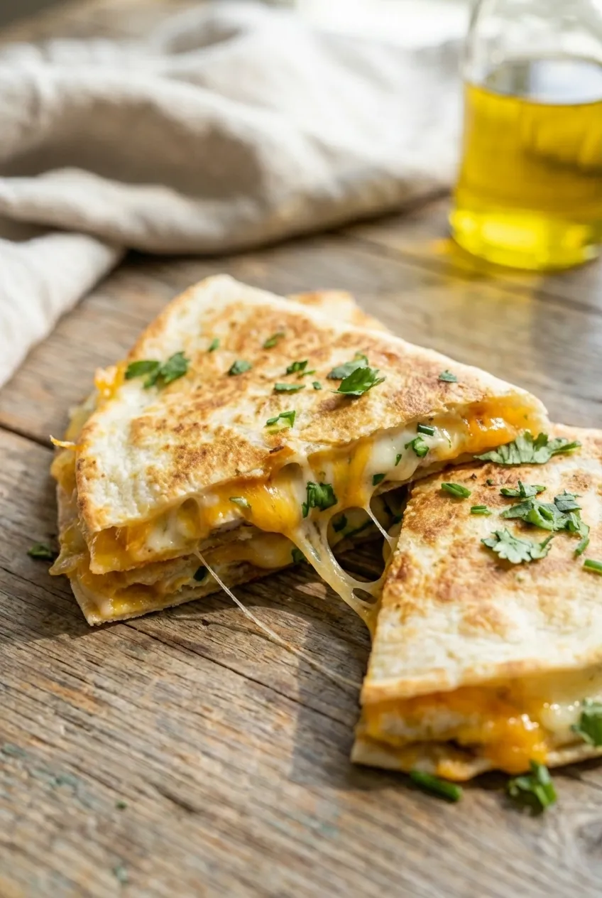 A golden-brown breakfast quesadilla cut into wedges on a wooden board, with melted cheese and egg visible.