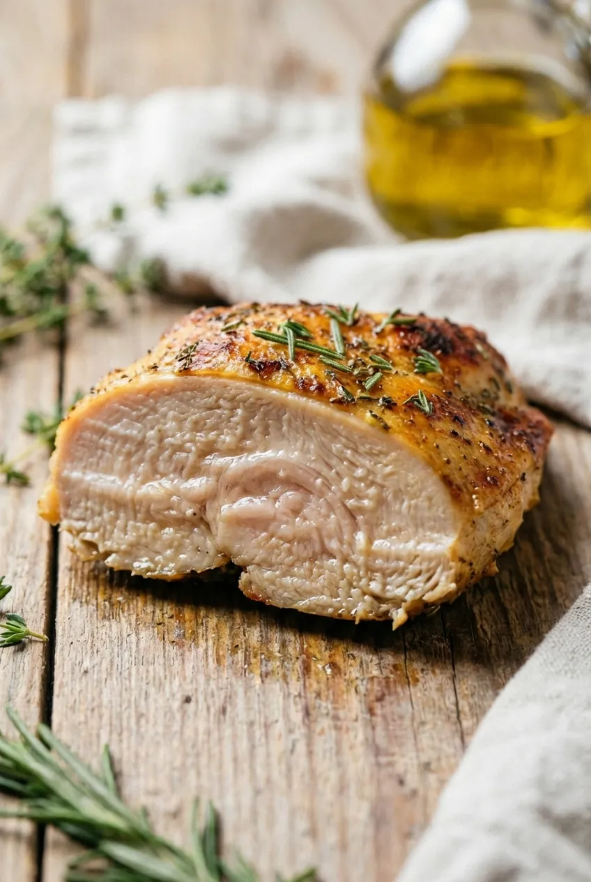 Four golden-brown oven-baked chicken breasts on a baking sheet, garnished with fresh rosemary sprigs.