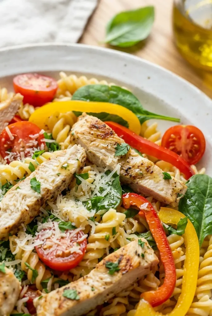A single portion of chicken pasta salad in a clear meal prep container, ready to be stored.