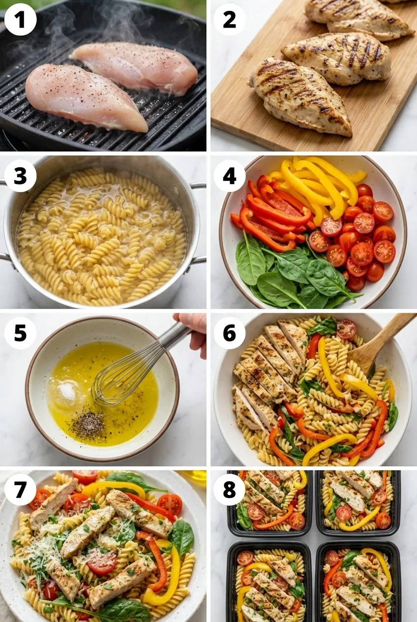 A large glass bowl of high protein pasta salad with grilled chicken, cherry tomatoes, and spinach on a light surface.