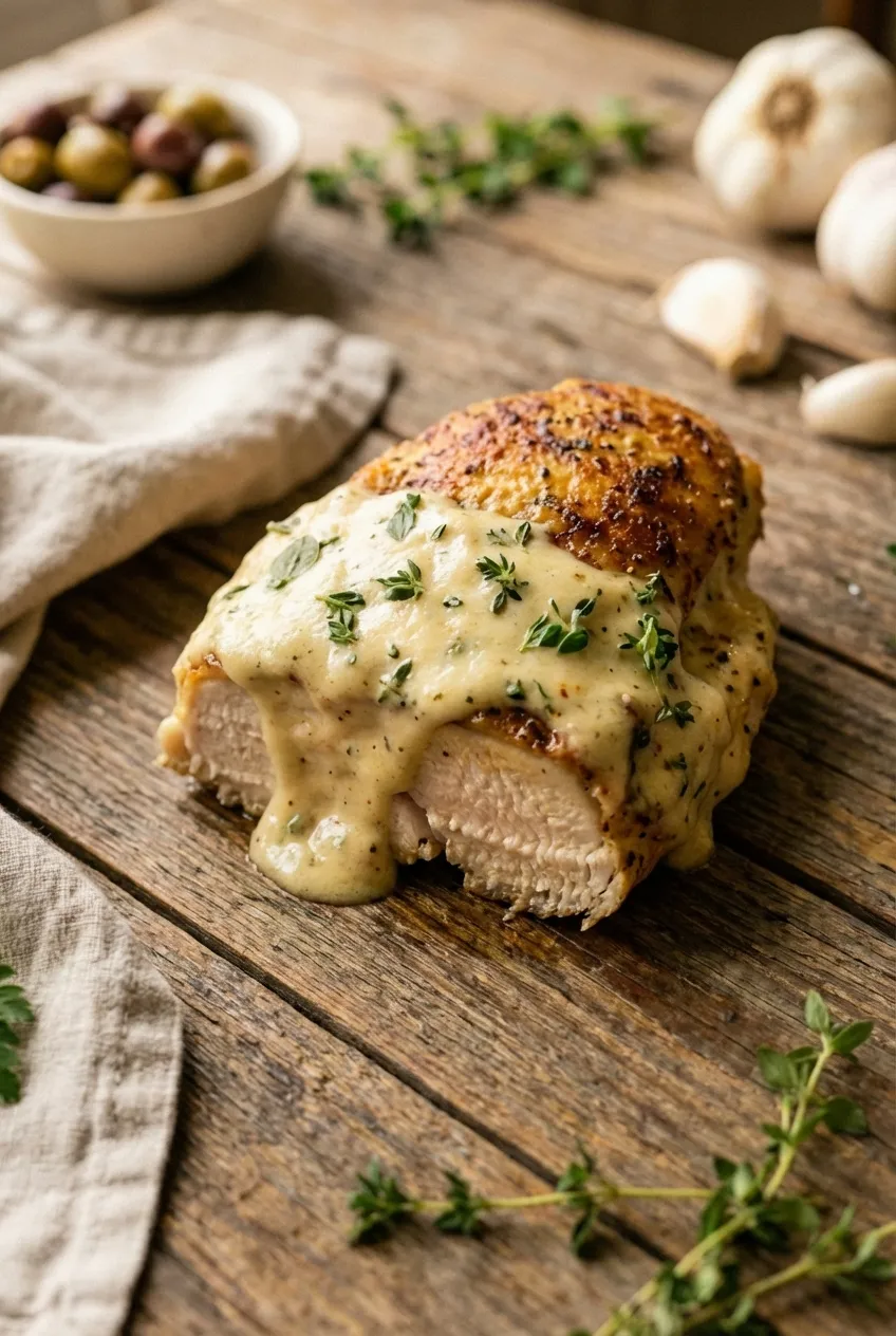 Baked Caesar chicken with a golden Parmesan crust in a white baking dish, garnished with fresh parsley.