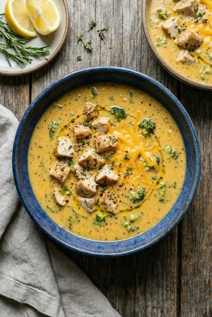 Creamy broccoli cheddar soup served in a blue bowl and topped with chicken, shredded cheddar cheese, black pepper, and herbs on a rustic wooden table.