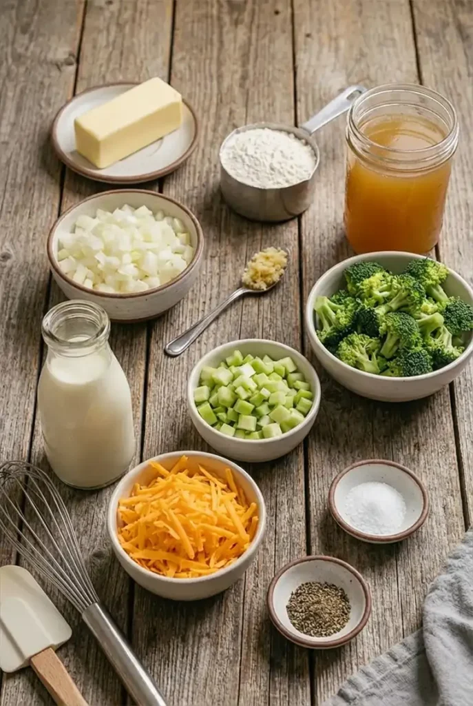 Ingredients for broccoli cheddar soup arranged on a rustic wooden table, including broccoli, shredded cheddar cheese, diced onion, celery, butter, flour, broth, milk, garlic, salt, and black pepper.