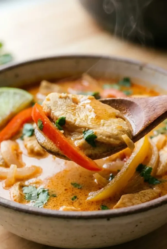 Close-up of a spoonful of creamy Thai coconut curry soup lifting tender chicken and bell pepper, with steam and glossy coconut broth.