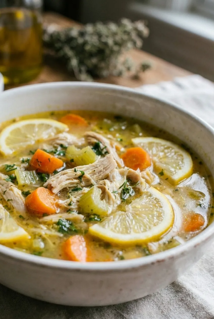 An overhead view of a large pot filled with lemon chicken soup, with a wooden spoon resting on the side.
