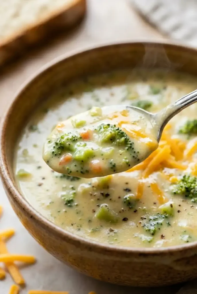 Close-up of a spoonful of smooth broccoli cheddar soup with milk, showing tender broccoli pieces, melted cheese gloss, and rising steam.