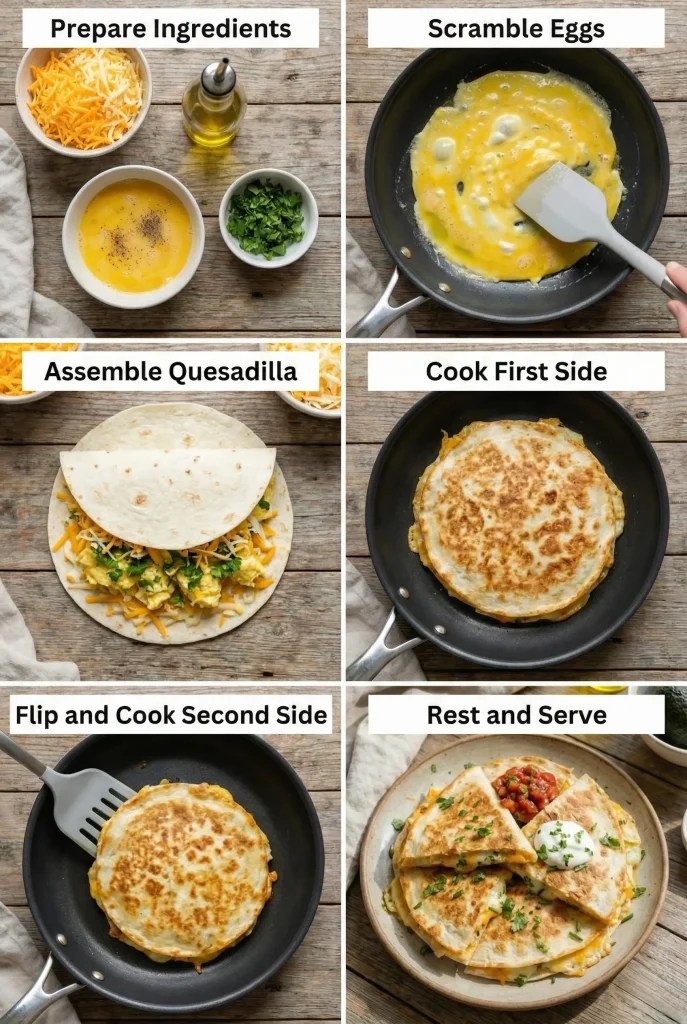 vertical six-panel instructional collage showing the steps to make a breakfast quesadilla. Panel 1 displays prepared ingredients in small bowls, including shredded cheese, beaten eggs, and cilantro. Panel 2 depicts scrambling the eggs in a non-stick skillet. Panel 3 shows the assembly process, layering cheese and cooked eggs onto a tortilla. Panel 4 displays the quesadilla frying in the pan. Panel 5 shows the quesadilla being flipped to cook the other side until golden brown. The final panel features the finished crispy quesadilla on a plate, sliced into wedges.