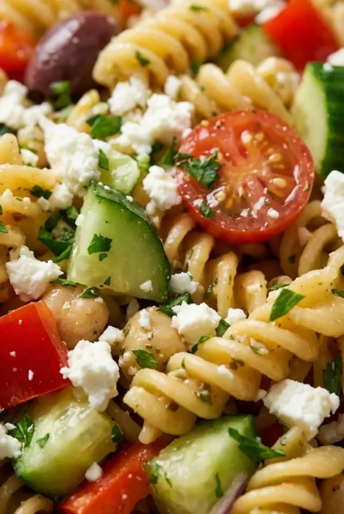 Close-up of chickpea fusilli coated in lemon-oregano dressing with feta crumbles, parsley, olives, and juicy cherry tomatoes.