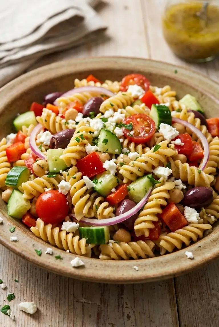Centered bowl of high protein Greek pasta salad with chickpea fusilli, cucumber, cherry tomatoes, bell pepper, olives, and feta in lemon-oregano dressing.