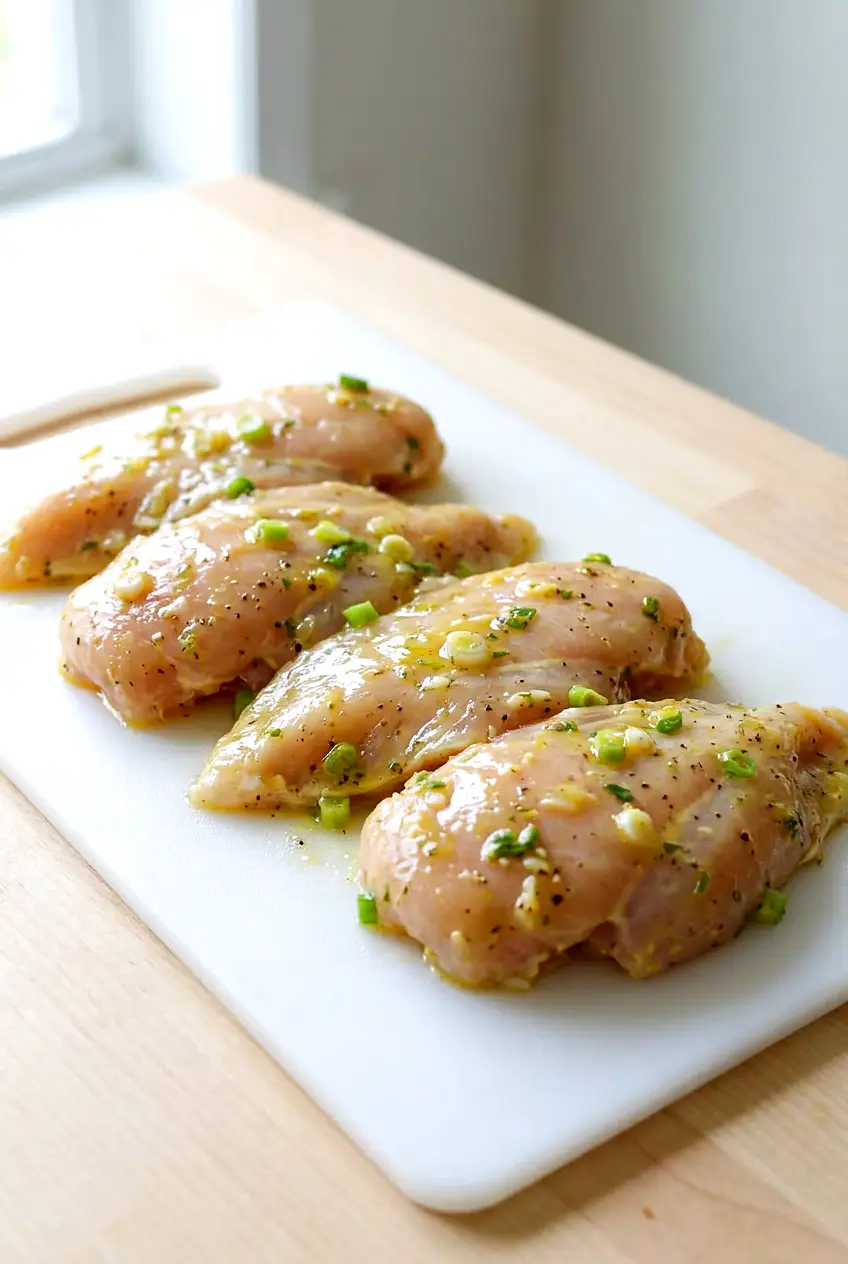 Marinated chicken breasts arranged on a white board before cooking
