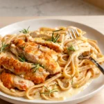 Creamy chicken breast pasta with sliced golden chicken, Parmesan sauce, rosemary, and lemon zest