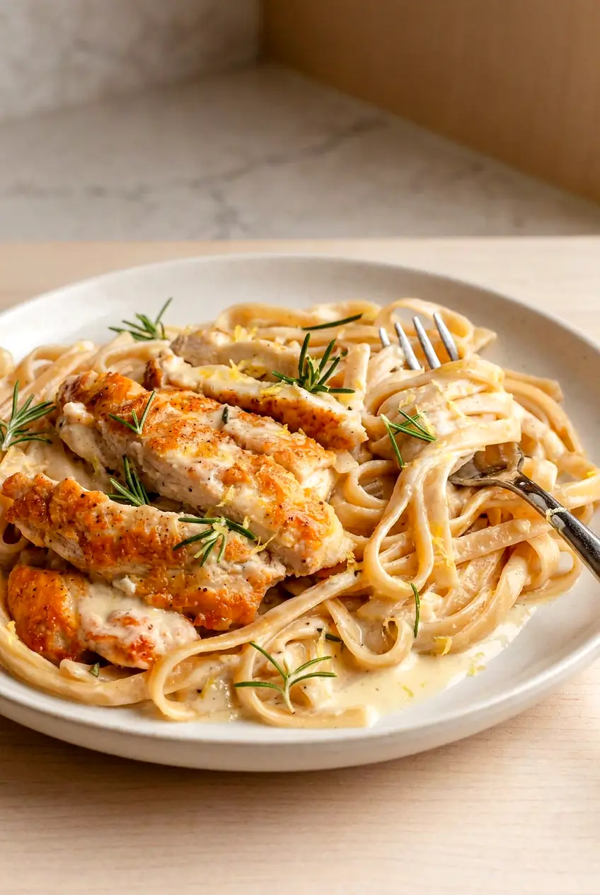 Creamy chicken breast pasta with sliced golden chicken, Parmesan sauce, rosemary, and lemon zest