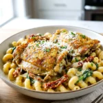 Creamy chicken thigh pasta served on a plate with browned chicken, spinach, and Parmesan cream sauce.