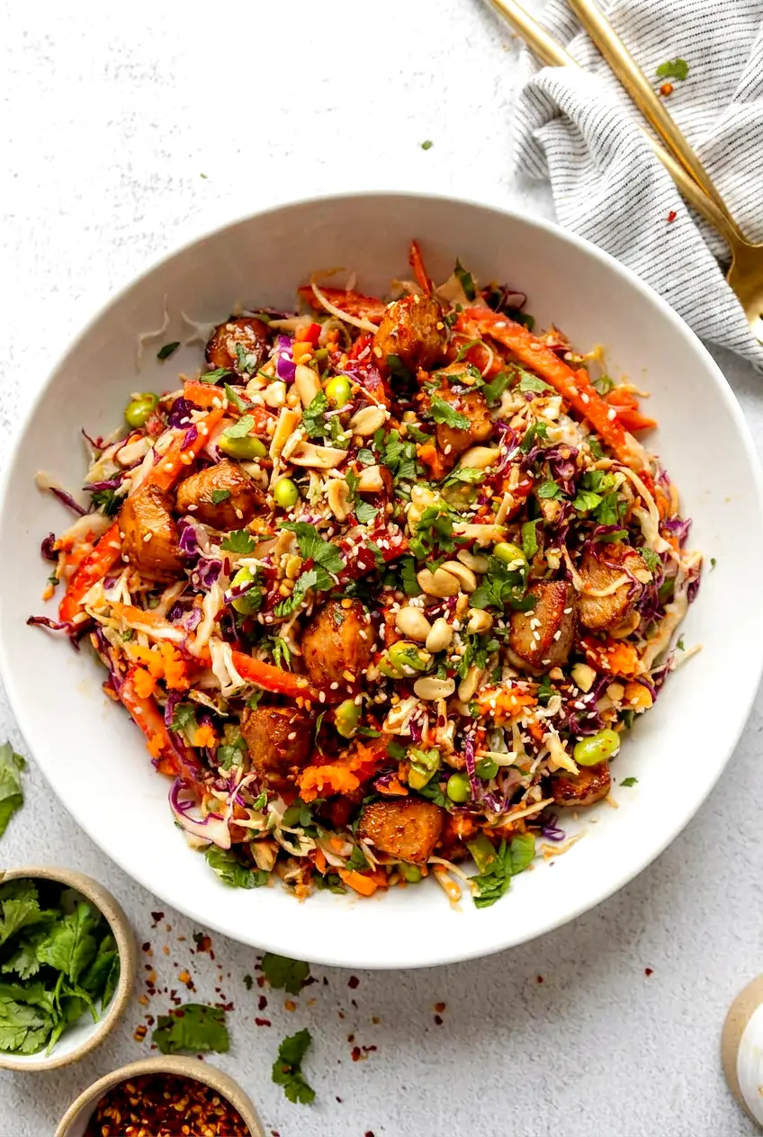 Asian chicken crunch salad in a bowl with creamy peanut dressing