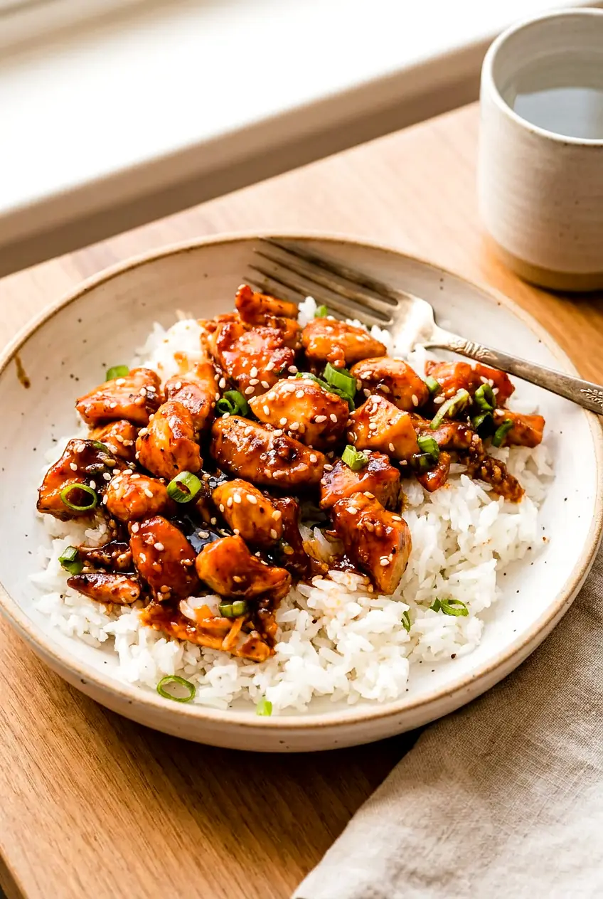 Sesame chicken with glossy sauce, sesame seeds, and scallions served over rice