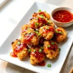 Thai chicken bites drizzled with sweet red chili sauce on a serving plate