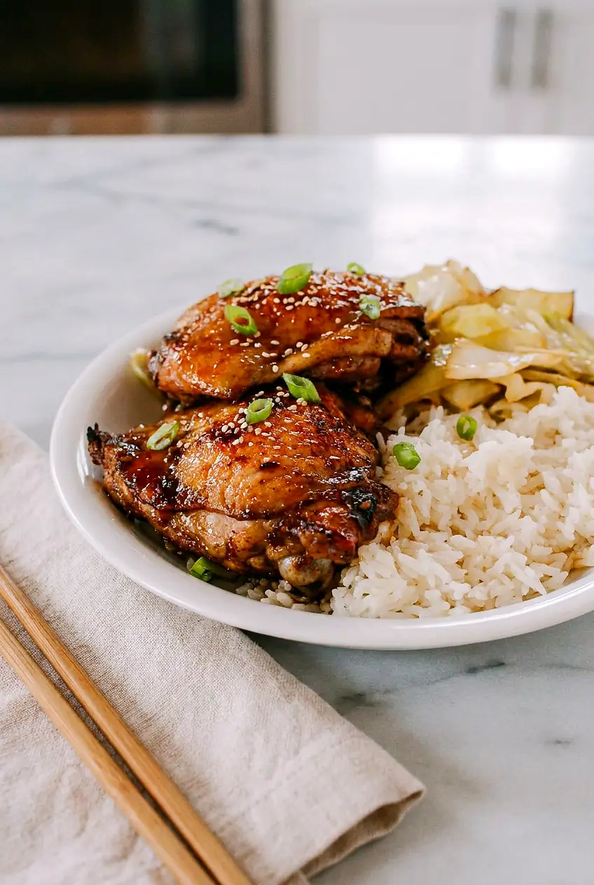 Roasted Asian five-spice chicken thighs with browned skin, served on a plate with scallions.